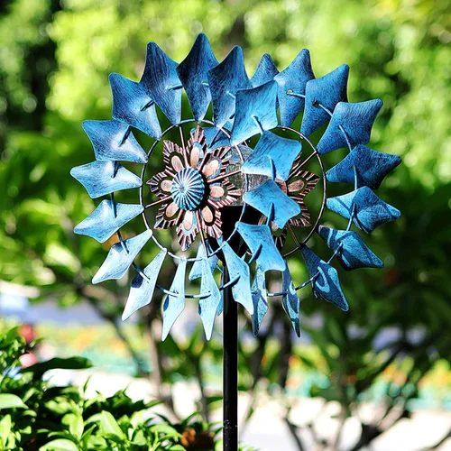 Vista 2 de Molinillo solar de viento azul con rotación de 360 grados con globo de vidrio agrietado multicolor, luz LED, cinética de doble dirección, adornos