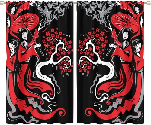 Vista 25 de Cortinas de estilo japonés, Kyoto Geisha Girls Asian Ink Painting - Cortinas de tela de poliéster con estampado de Japón antiguo para dormitorio