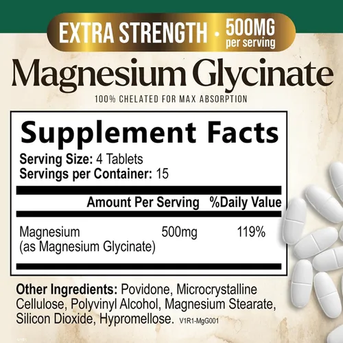 Vista 2 de Glicinato de magnesio 500 mg por porción - Suplemento de magnesio quelado para suplemento de alta absorción - Soporte para la salud muscular, huesos