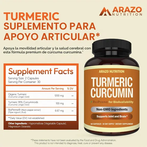 Vista 2 de Cúrcuma Curcumina con Bioperine 1300 mg con Black Pepper – Cápsulas de apoyo conjunto Suplementos nutricionales – 100% Herbal Tumeric Root