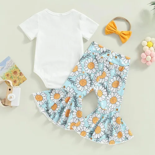Vista 144 de Sejardin Ropa de verano para bebé y niña, recién nacida, manga corta, con letras, mameluco elástico con diadema