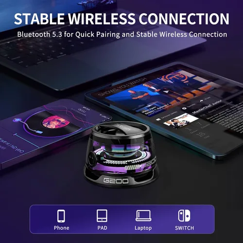 Vista 6 de Altavoz Bluetooth magnético G200 con luz RGB - Mini altavoz Bluetooth portátil, sonido estéreo de rango completo para 7 horas de reproducción, modo