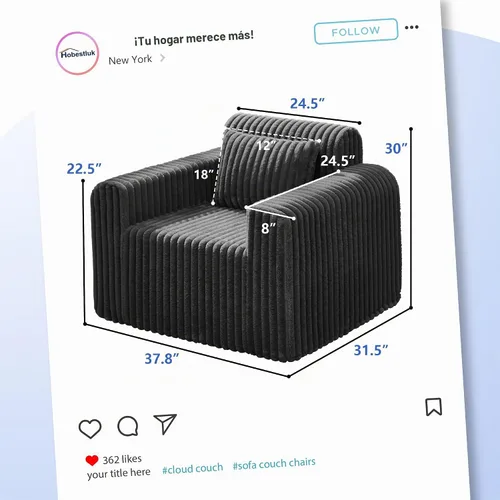 Vista 2 de Hobestluk Sofá Individual de Espuma Sillón Sofá para Espacios Pequeños Sofás Cómodos con Funda Extraíble Sofá Peludo con Almohadas para Sala de Negro
