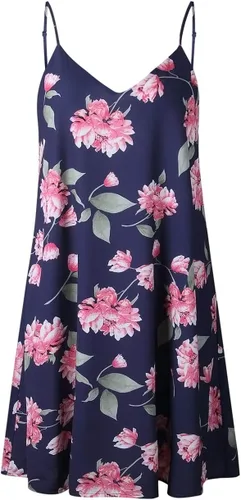 Vista 4 de Vestido de verano sexy con estampado floral acampanado y tirantes delgados para mujer, holgado, tropical, corto, vestido de playa