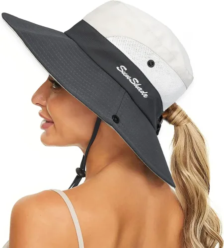 Vista 9 de Sombrero de sol de verano para mujer, cola de caballo, protección UV, ala ancha, plegable, sombrero Beige