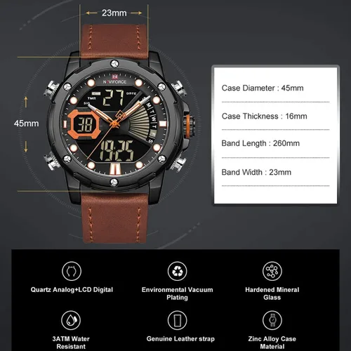Vista 2 de NAVIFORCE Relojes digitales militares para hombre, analógicos de cuarzo, resistente al agua, luminoso, reloj deportivo de cuero, multifuncional