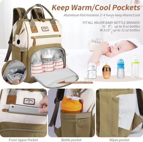 Vista 4 de Mochila para pañales: bolsa de bebé para niño y niña, bolsa grande para mamá, bolsillos aislados, agujeros para cargador para hombres y mujeres