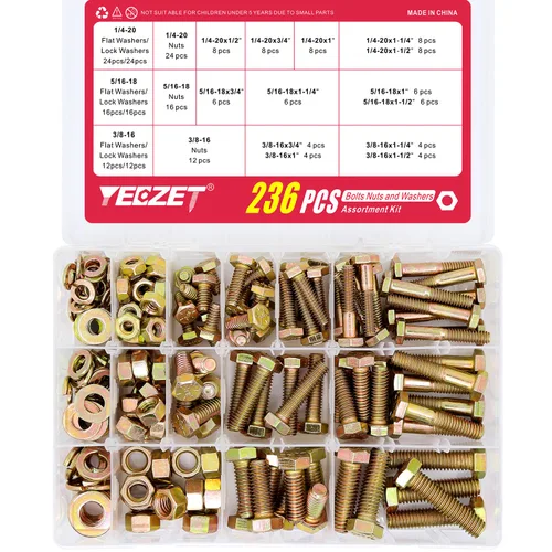 Vista 2 de Kit de 236 arandelas de pernos y tuercas resistentes de grado 8, 1/4-20 5/16-18 3/8-16, tornillos hexagonales, tuercas, kit surtido, incluye 13