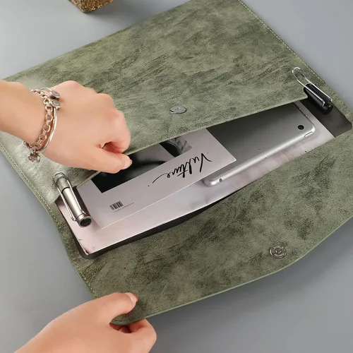 Vista 4 de Carpeta de archivos A4 de cuero PU Portafolio impermeable carpeta sobre con cierre a presión verde militar