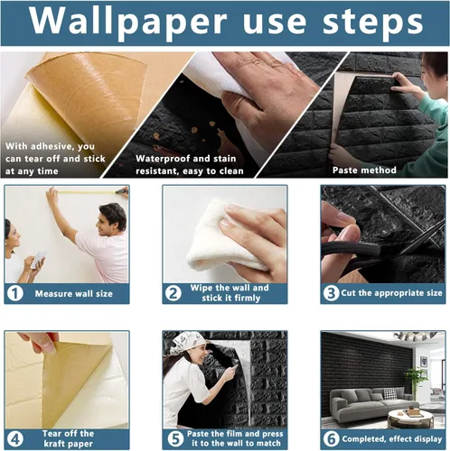 Vista 4 de 10 paneles de pared 3D negros, cobertura de 14.5 pies cuadrados, adhesivo imprimible con paneles de pared de espuma de polietileno autoadhesivos