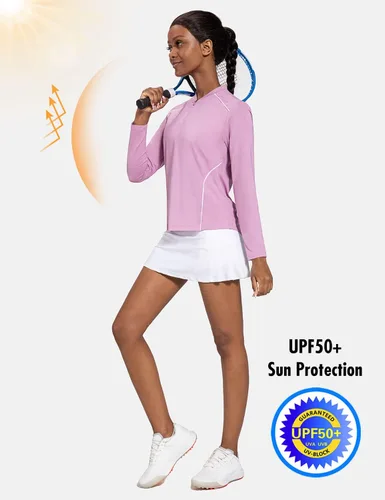 Vista 3 de BALEAF Camisetas de manga larga para mujer, tenis y golf, UPF 50+ con cremallera de 14, de secado rápido