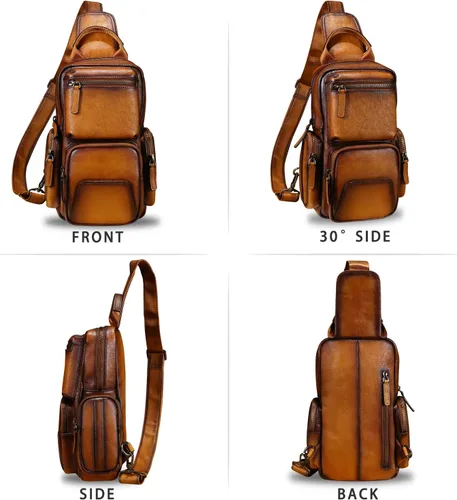 Vista 5 de IVTG Bolso bandolera de cuero genuino para senderismo, estilo vintage, hecho a mano, mochila para el pecho, mochila de hombro, paquete