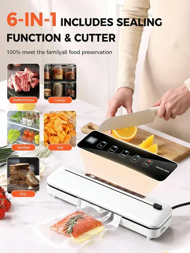 Vista 2 de Máquina selladora al vacío de 75 KPa para alimentos con modos seco/húmedo 6 en 1 y temporizador digital, diseño compacto y ligero, cortador