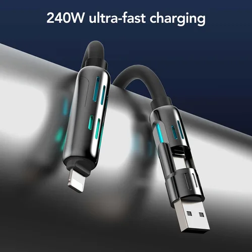 Vista 2 de MFish Cable de carga USB 4 en 1 con funda de transporte, cable de carga rápida de 240 W, USB-A y USB-C dual a USB-C/Lightning, para iPhone Negro