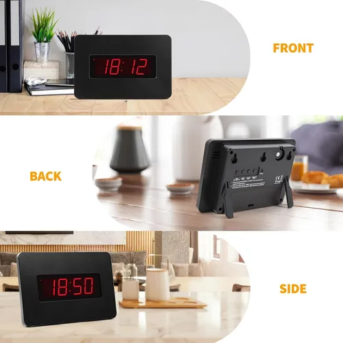 Vista 5 de Reloj de pared digital con batería con pantalla LED, reloj de pared con retroiluminación, mesa, alarma, brillo ajustable, 12/24 horas
