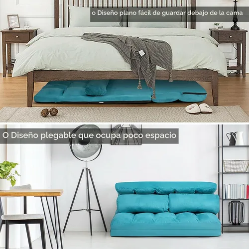 Vista 7 de DORTALA Sofá de suelo plegable, sofá de descanso ajustable de 6 posiciones con 2 almohadas y funda de tela de gamuza, moderno colchón de sala