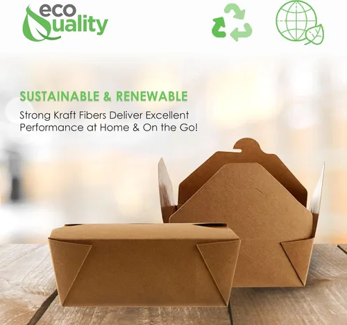 Vista 4 de [Paquete de 50] Contenedores de comida para llevar de 45 onzas, cajas de papel kraft marrón para llevar, resistentes a la grasa para microondas