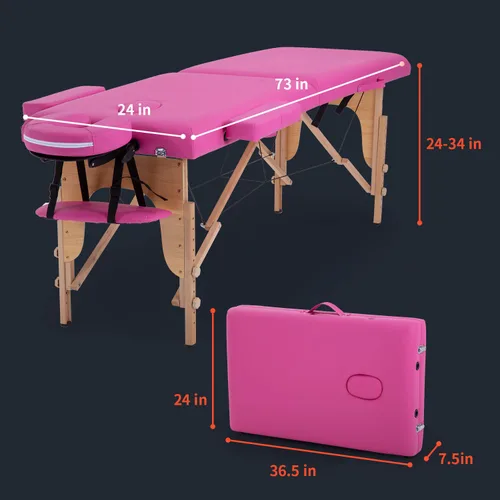 Vista 7 de Mesa de masaje para salón, cama, spa, cama de masaje, mesa de masaje de 2 pliegues, 73 pulgadas de largo, 34 pulgadas, altura ajustable, ancho