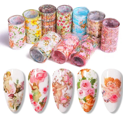 Vista 6 de 10 hojas de transferencia de lámina de uñas, diseño de flor de Cupido en ángulo, calcomanías de uñas, calcomanías de arte de uñas, tiras