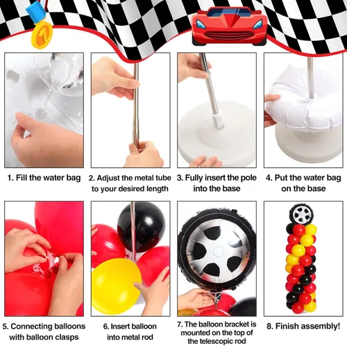 Vista 5 de Lunmon 159 piezas de decoración de fiesta de cumpleaños de autos de carreras, incluye 129 semáforos, juego de soporte para globos, 2 neumáticos