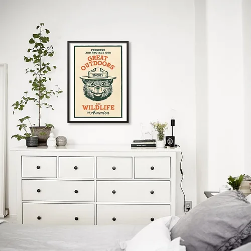 Vista 4 de Lienzo decorativo para pared con diseño de oso para niños, diseño de animales salvajes, conservación de la naturaleza, estilo retro, beige, cabaña