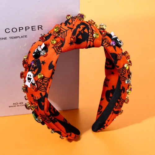 Vista 5 de Diadema ancha con nudo superior y cuentas de perlas de cristal, adorno de calabaza y caramelo de calabaza, accesorio de Halloween para mujer