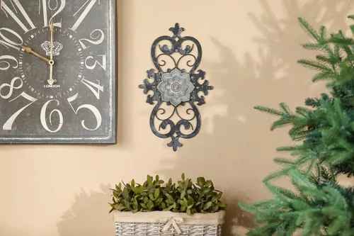Vista 6 de Arte de pared de flores de metal, 15.75 x 9 pulgadas, decoración de pared floral de pergamino de metal, escultura de pared colgante con flor bohemia