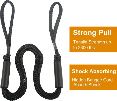 Vista 6 de Cuerda de amarre para lancha de 3.5 pies, paquete de 2 amarres para embarcaciones para acoplamiento de cables elásticos negros, accesorios