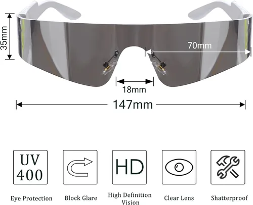 Vista 2 de Crazy Feng Gafas de sol envolventes futuristas sin montura para mujeres y hombres, gafas de sol Cyberpunk con visera