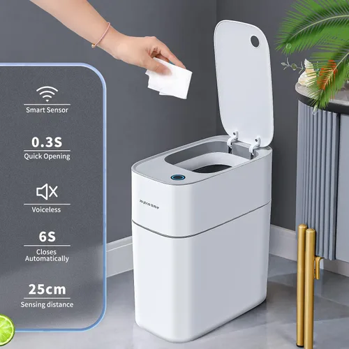 Vista 6 de JOYBOS Bote de basura automático con tapa, 3.8 galones, delgado y pequeño cubo de basura inteligente de plástico blanco, sensor de movimiento