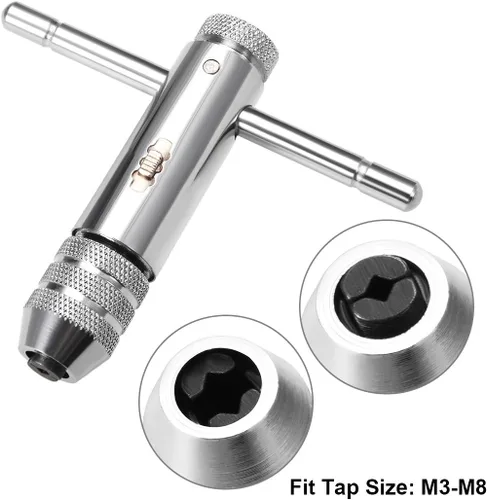 Vista 3 de uxcell Llave de trinquete ajustable, mango en T, para roscas métricas M3-M8, soporte de mango en T de trinquete, herramienta de roscado manual
