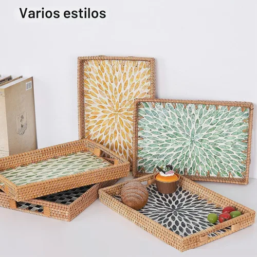 Vista 3 de Bandeja rectangular de ratán con incrustaciones de madreperla, bandeja de ratán con asa para café, pan, frutas, aperitivos, bandeja decorativa