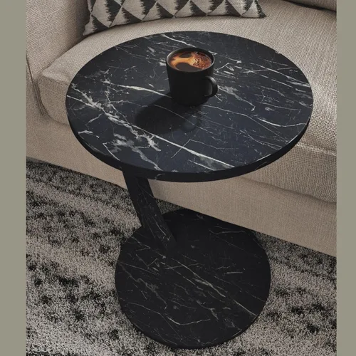 Vista 6 de Mesa auxiliar en forma de C para sofá, lugares pequeños, mesa auxiliar redonda de mármol sintético negro, ahorradora de espacio, mesa lateral