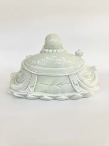 Vista 4 de Estatua tallada de mármol blanco y verde de 7.9 pulgadas, Buda sentado y riendo Feng Shui para buena suerte, riqueza y felicidad, decoración