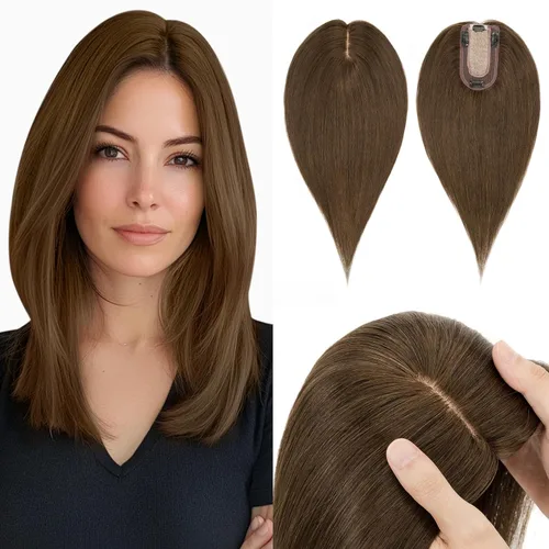 Vista 13 de Hairro Toppers de cabello humano 100% real para mujeres sin flequillo, postizos de cabello real con clip, base de seda transpirable para cubrir