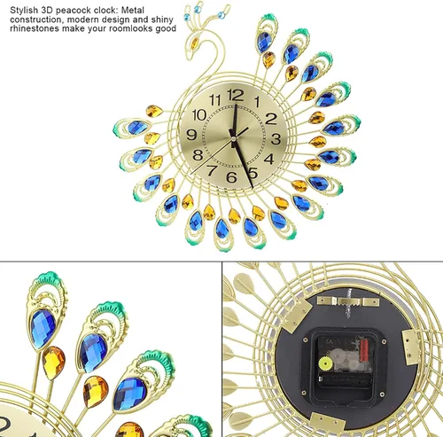 Vista 4 de Reloj de pared de pavo real, reloj de pared sin tictac, reloj de pared con forma de pavo real, moderno reloj de hierro 3D, reloj de pared de 14.6 x