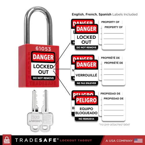 Vista 5 de TRADESAFE Estación de etiquetado de bloqueo con dispositivos Loto - Juego de 14 bloqueos de seguridad, 6 cerrojos, 40 etiquetas de no operación