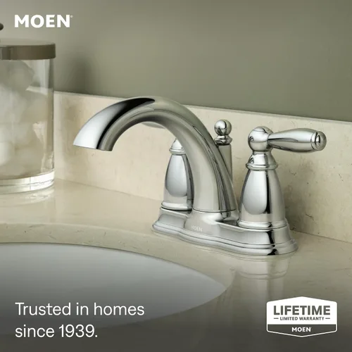 Vista 7 de Moen Brantford Cromo Llave de baño centrada de arco bajo tradicional de dos manijas con montaje de desagüe, 6610
