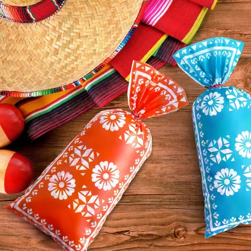 Vista 7 de 100 bolsas mexicanas de celofán para dulces para fiesta, recuerdo Recuerdo de fiesta con 150 lazos rojos, saco de regalo para fiesta