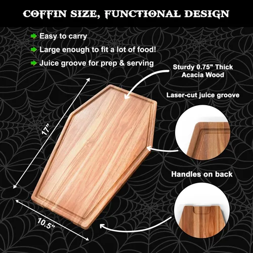 Vista 2 de Tabla de charcutería grande con forma de ataúd - Tabla de cortar de madera de acacia gótica con forma de ataúd 17x10.5 pulgadas, bandeja de servir