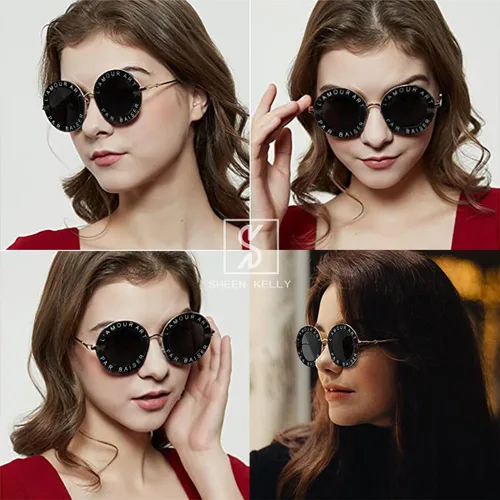 Vista 3 de SHEEN KELLY Gafas de sol redondas retro para mujeres y hombres, diseño de abeja, tonos negros, montura de metal, estilo elegante, unisex