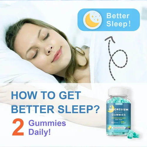 Vista 2 de Gomitas de glicinato de magnesio de 500 mg para dormir para hombres y mujeres, vitamina C, veganas que promueven la relajación muscular, magnesio