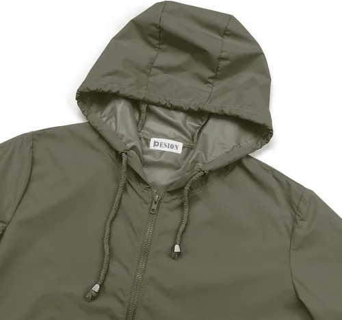 Vista 5 de PESION Chaqueta impermeable ligera para mujer, rompevientos con capucha y bolsillo para exteriores Verde militar
