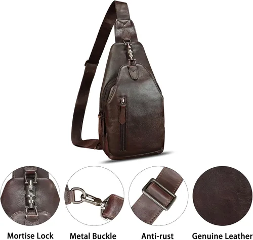 Vista 3 de Bolso de cuero genuino para mujeres y hombres, mochila bandolera de cuero real para el hombro, bolso cruzado en el pecho, Café