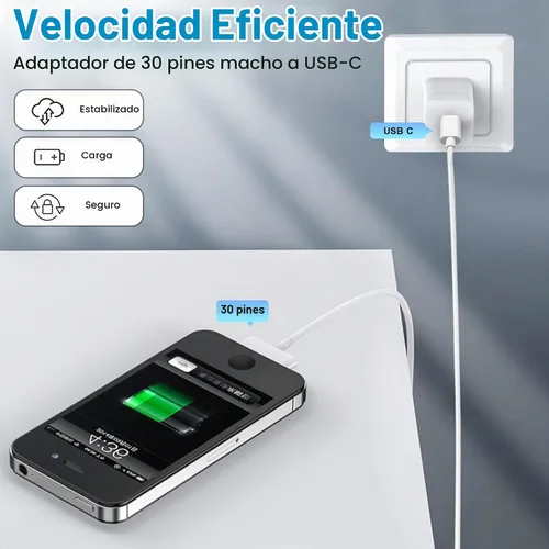 Vista 7 de Cable adaptador de 30 pines a USB C para iPhone, iPad, iPod, cable de datos de nueva generación, cable de carga de USB C a conector de base