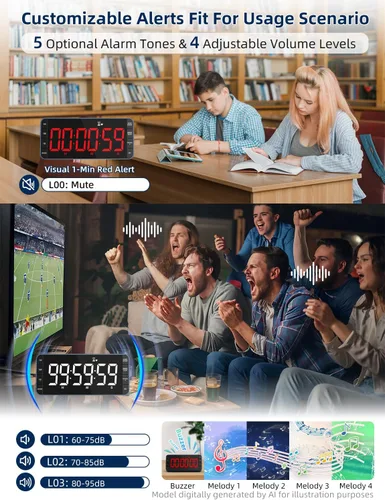 Vista 4 de Temporizador digital de cocina de 7.8 pulgadas con pantalla LED grande, temporizador de cuenta regresiva recargable magnético, 5 alarmas y 4 niveles