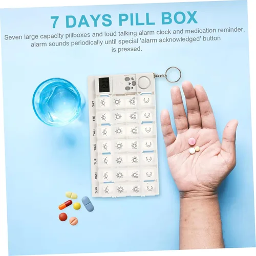 Vista 7 de 7 mini pastilleros reloj despertador de viaje Mini reloj despertador caja de bloqueo para contenedores de medicamentos 7 días caja de píldoras caja
