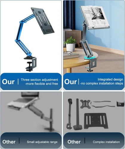 Vista 7 de Soporte para computadora portátil para escritorio, soporte de brazo para tableta con rotación de 360°, bandeja de aluminio ajustable para laptop