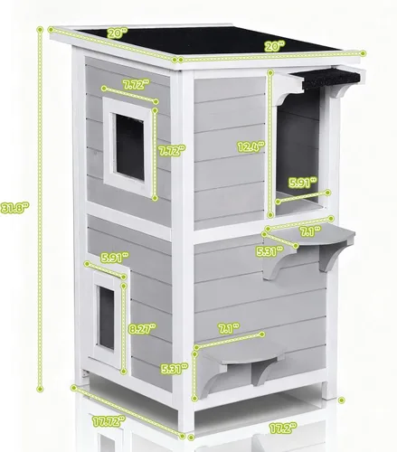 Vista 7 de Casa para gatos al aire libre de 2 pisos con puerta de escape, refugio para gatos feral, resistente a la intemperie para exteriores, techo