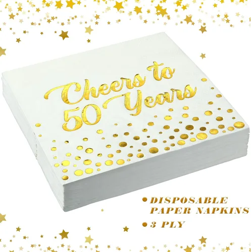 Vista 2 de Qilery 100 servilletas de papel de aluminio dorado para decoración de cumpleaños, aniversario y cumpleaños, servilletas de cóctel plegadas de 6.5 x